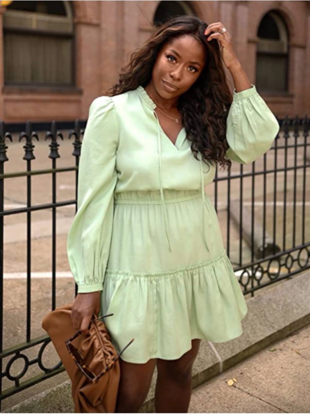 Light Green Tiered Long Sleeve Mini Dress  Green V-Neck